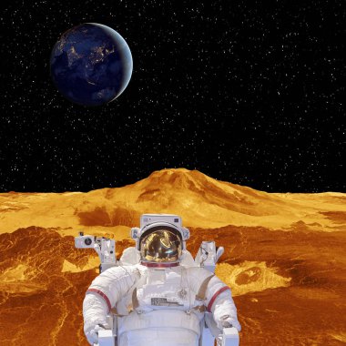 Yabancı gezegen manzarası. Astronot. Yıldız. Bu i elemanları