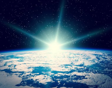 Gün doğumu sırasında uzaydan gelen Dünya. Bu görüntüfu elemanları