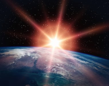 Geceleri uzaydan inanılmaz bir gün doğumu. Bu görüntünün öğeleri 