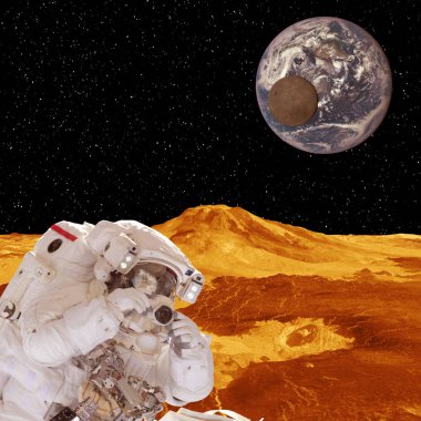 Kameralı astronot ve uzak gezegen. Uzay görevi. Öğe