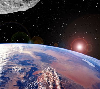 Asteroit ler yeryüzüne iner. Meteor dünyaya karşı. Cosm