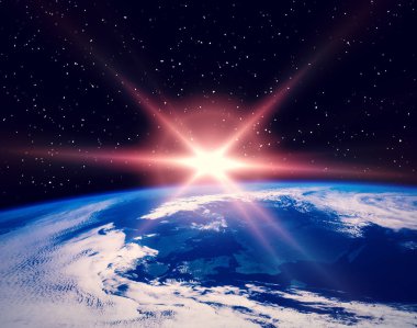 Uzay ve gün doğumu. Nasa tarafından döşenmiş bu görüntünün unsurları.