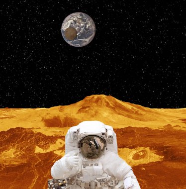 Gezegen yüzeyindeki astronot. Bu görüntünün elemanları furn