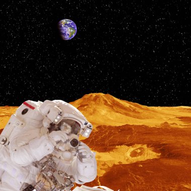 Kameralı astronot ve uzak gezegen. Uzay görevi. Öğe