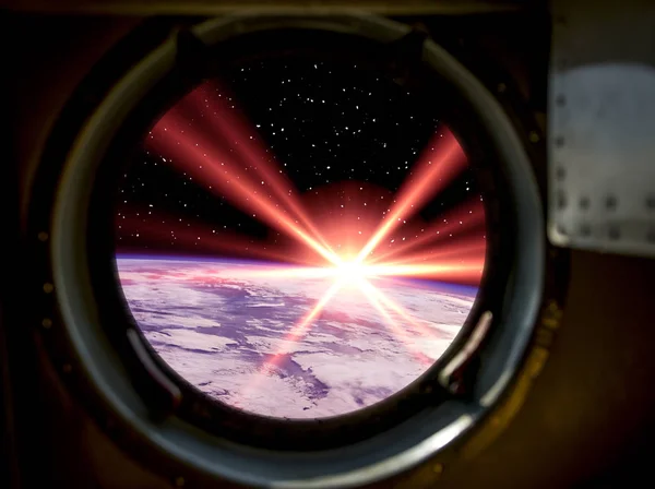 Wspaniały widok wschodu słońca. Okno statku kosmicznego. Elementy tego — Zdjęcie stockowe