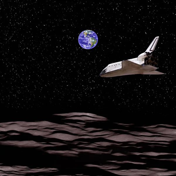 Space mission to the alien planet.  Shuttle flies above the plan