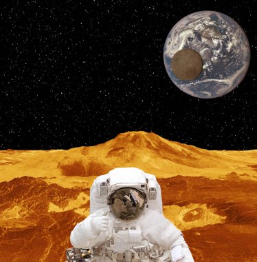 Gezegen yüzeyindeki astronot. Bu görüntünün elemanları furn