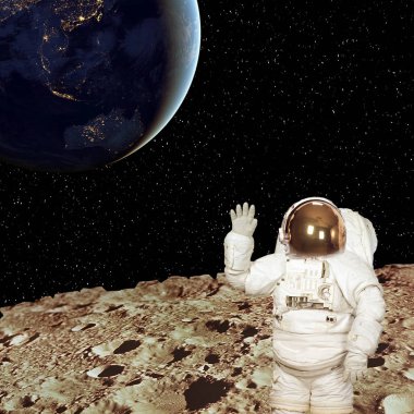 Ay'daki astronot. Arka planda mavi büyüleyici toprak.
