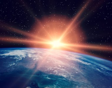 Gün doğumu sırasında uzaydan gelen Dünya. Bu görüntüfu elemanları