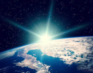 Gün doğumu sırasında uzaydan gelen Dünya. Bu görüntüfu elemanları