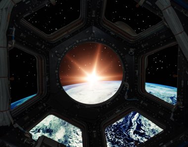 Bir uzay gemisinin penceresinden gün doğumu. Bu görüntünün elemanları f