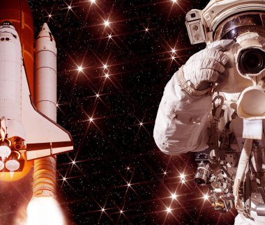Kamera ve roket (mekik) ile Astronot. Bunun unsurları