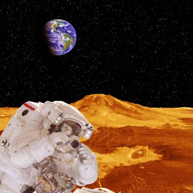 Kameralı astronot ve uzak gezegen. Uzay görevi. Öğe
