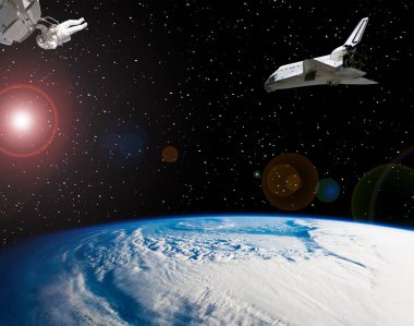 Astronot ve uzay gemileri. Lens parlaması. Bu görüntünün öğeleri