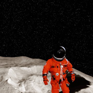 Astronot yabancı gezegen zemin üzerinde adımlar yapar. Elementler o