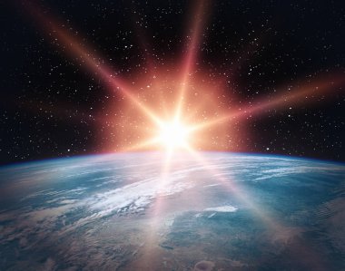 Geceleri uzaydan inanılmaz bir gün doğumu. Bu görüntünün öğeleri 