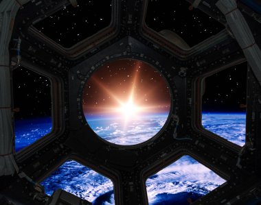 Gün doğumu, uzay gemisinden manzara. Bu görüntünün elemanları döşenmiş b