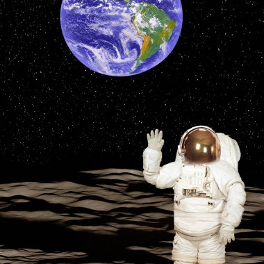 Ay'daki astronot. Arka planda mavi büyüleyici toprak.