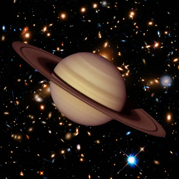 Planeta Saturno, con fondo espacial. Galaxias y estrellas en el — Foto de Stock