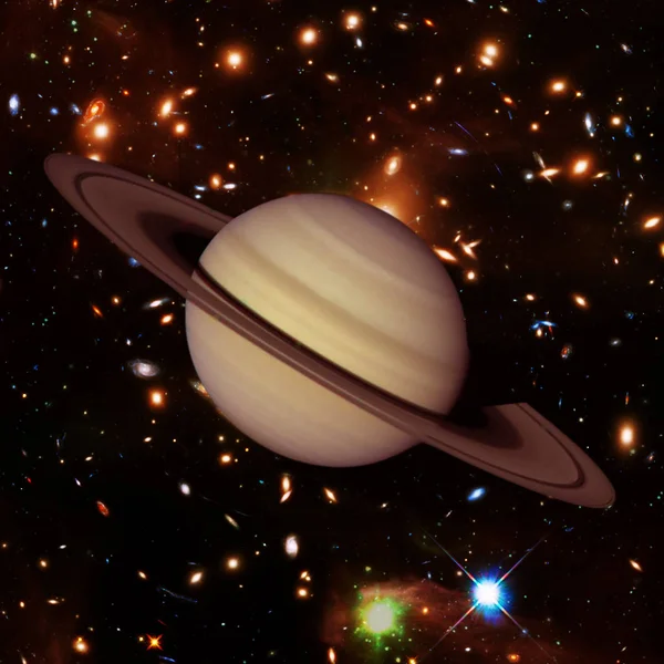 Planète Saturne, avec fond spatial. Galaxies et étoiles sur la — Photo