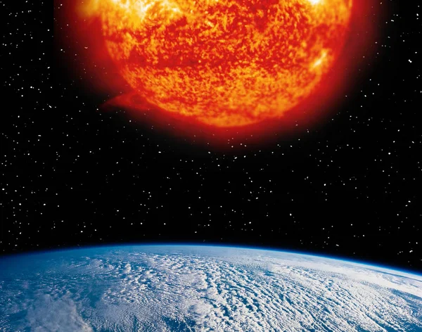 Earth planet and burning sun above it. The elements of this imag