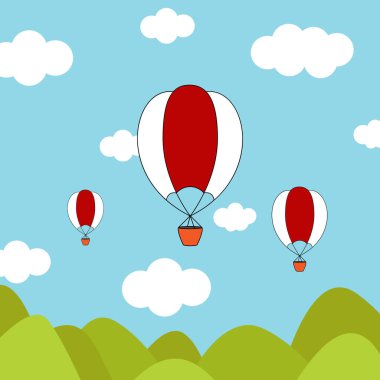 Mavi gökyüzünde, dağların üzerinde uçan düz bir balon..