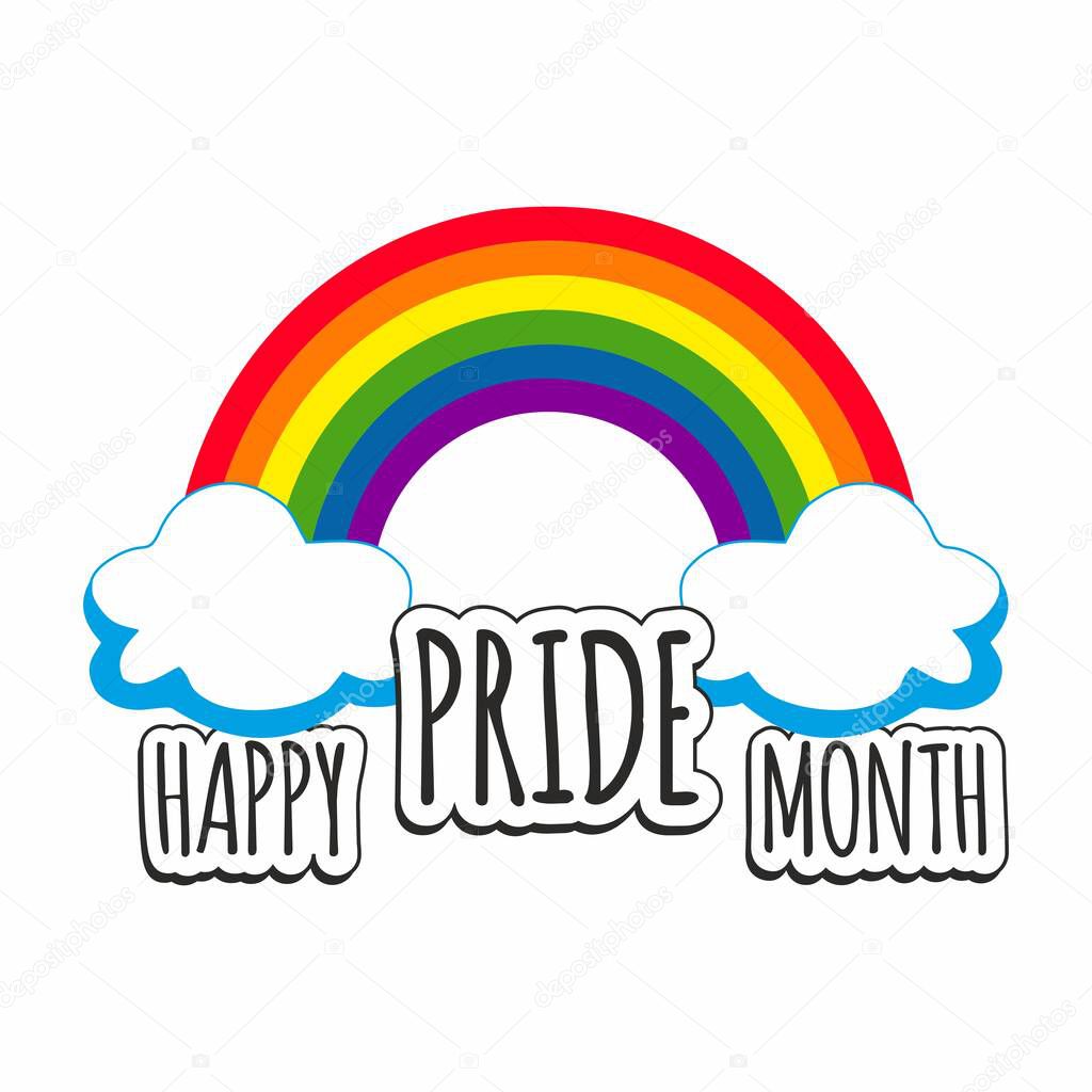 A bright rainbow is a symbol of the flag of the LGBT community and the inscription Happy pride month. Template for poster, banner, logo. Vector illustration of same-sex love, freedom of choice and celebration.