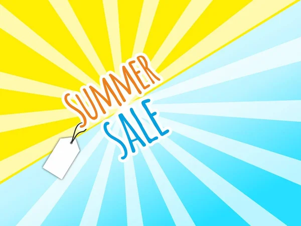 Bright Yellow Blue Background Rays Words Summer Sale Tag Price — Stock Photo, Image