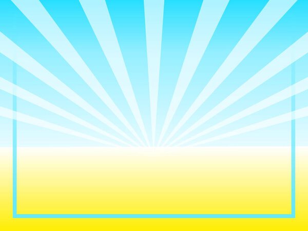 Summer sunny yellow blue background with rays. Space for text and design. Screensaver for the site, advertising banner, seasonal sale. The sun, sand, stripes of cartoony sun rays yellow and light blue