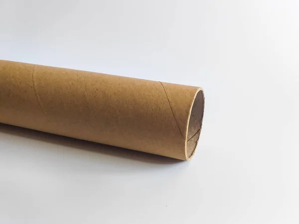 One Long Cardboard Sleeve Pipe White Background Recycled Beige Cardboard — Stock Photo, Image