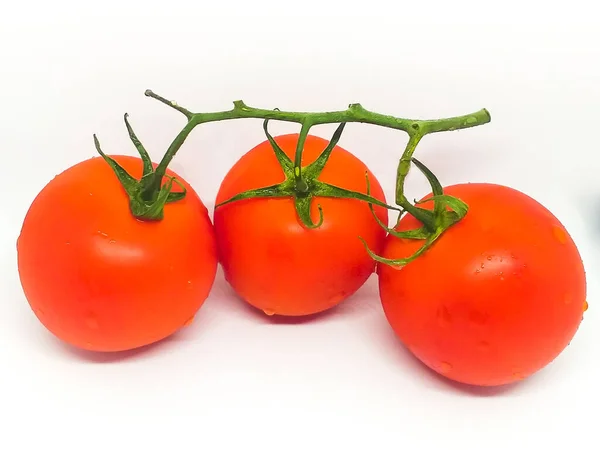 Three Ripe Juicy Tomatoes Branch Isolate White Background Red Tomatoes — Stock Photo, Image