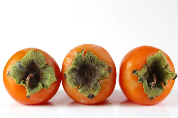 Three Fresh Ripe Persimmon Fruit Isolated White Background — Stock Photo, Image