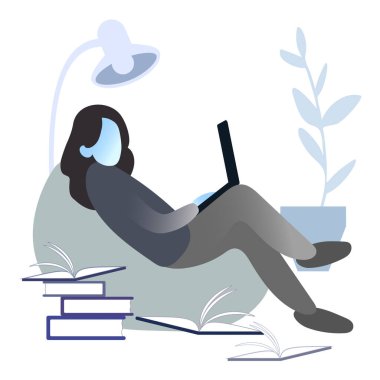 Dizüstü bilgisayarı olan insanların tek renkli fotoğrafı. Defterli karakterlerin izole edilmiş vektör düz çizimi. Evde çalışan bir ofis çalışanı koleksiyonu. Çevrimiçi eğitim, kapalı alanda öğrenim.