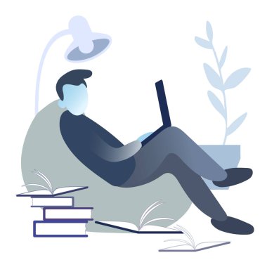 Dizüstü bilgisayarı olan insanların tek renkli fotoğrafı. Defterli karakterlerin izole edilmiş vektör düz çizimi. Evde çalışan bir ofis çalışanı koleksiyonu. Çevrimiçi eğitim, kapalı alanda öğrenim.