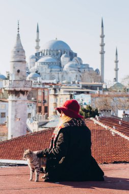 Sarışın bir kadın çatıda cami manzaralı bir kediyi okşuyor, İstanbul, Türkiye. İstanbul 'da güneşli bir sonbahar gününde şapkalı bir kız çatıda oturuyor. Gezgin kız kışın İstanbul 'da yürüyor.