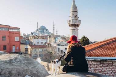 Sarışın bir kadın çatıda cami manzaralı bir kediyi okşuyor, İstanbul, Türkiye. İstanbul 'da güneşli bir sonbahar gününde şapkalı bir kız çatıda oturuyor. Gezgin kız kışın İstanbul 'da yürüyor.
