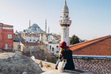 Sarışın bir kadın çatıda cami manzaralı bir kediyi okşuyor, İstanbul, Türkiye. İstanbul 'da güneşli bir sonbahar gününde şapkalı bir kız çatıda oturuyor. Gezgin kız kışın İstanbul 'da yürüyor.