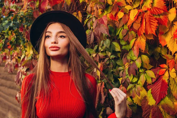 Close Portret Van Een Brunette Herfstbladeren Mooi Meisje Een Rode — Stockfoto