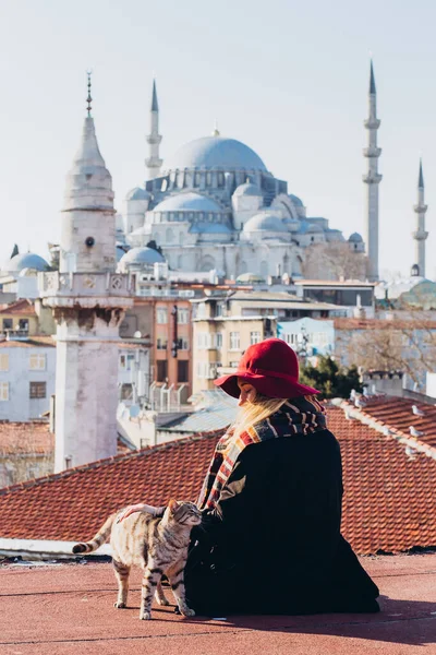Жінка Блондинка Гладила Кота Даху Видом Мечеть Стамбул Туреччина Дівчина — стокове фото