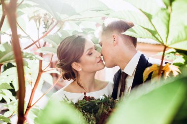 Güneşli bir sonbahar gününde gelinlik giymiş genç bir çift şehirde dolaşıyor. Birbirine aşık bir çift. Mutlu bir karı kocanın yakın plan portresi. Komik adam ve kız dışarıda gülüyorlar..