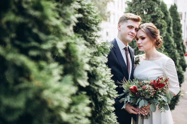 Sonbahar günü şehirde yürüyen genç bir çift. Birbirine aşık bir çift. Gerçek duygular. Yeşillik arka planında mutlu bir karı kocanın portresi. Komik adam ve kız yağmurda dışarıda gülüyorlar..