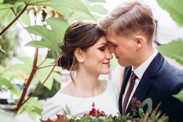 Güneşli bir sonbahar gününde gelinlik giymiş genç bir çift şehirde dolaşıyor. Birbirine aşık bir çift. Mutlu bir karı kocanın yakın plan portresi. Komik adam ve kız dışarıda gülüyorlar..