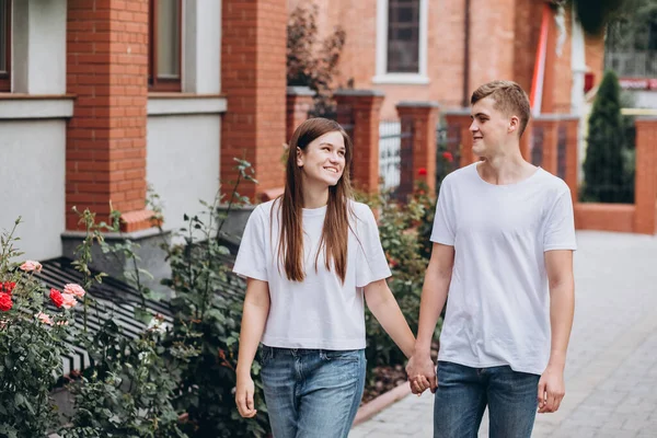 Happy Young Couple Walks Streets City Hold Hands Guy Girl — Stock Photo, Image