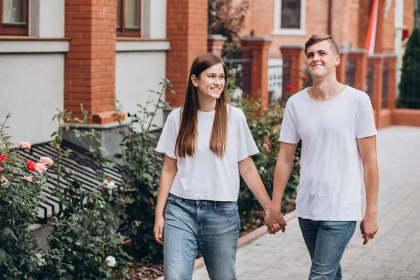Happy Young Couple Walks Streets City Hold Hands Guy Girl — Stock Photo, Image