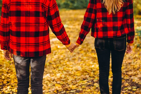 Young Couple Walks Autumn Forest Holding Hands Stylishly Dressed Guy — Stock Photo, Image