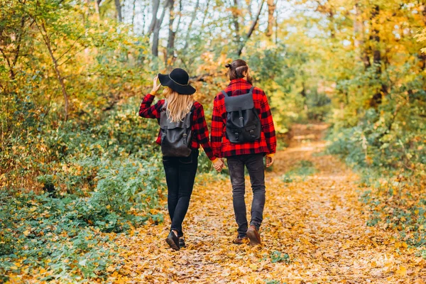 Genç çift sonbahar ormanında el ele tutuşarak yürüyor. Güzel giyimli bir erkek ve kız. Adam ve kırmızı ceketli kız sarı ormanın arka planında. Parkta aşık mutlu genç bir çift
