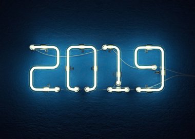 Yeni yıl 2019 neon alfabe yaptı. 3D çizim