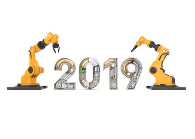 Yeni yıl 2019 mekanik alfabesi robotik kol ile yapılmış. 3D çizim