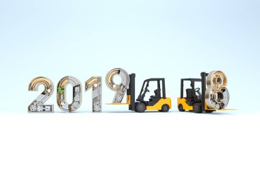 Yeni yıl 2019 mekanik alfabesi ve forklift yapılmış. 3D çizim