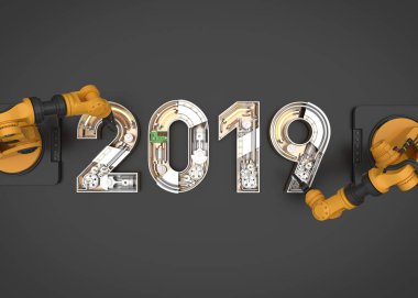 Yeni yıl 2019 mekanik alfabesi robotik kol ile yapılmış. 3D çizim